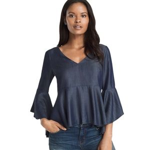 White House Black Market Chambray Blouse Size 4 Small Empire Bell Sleeve